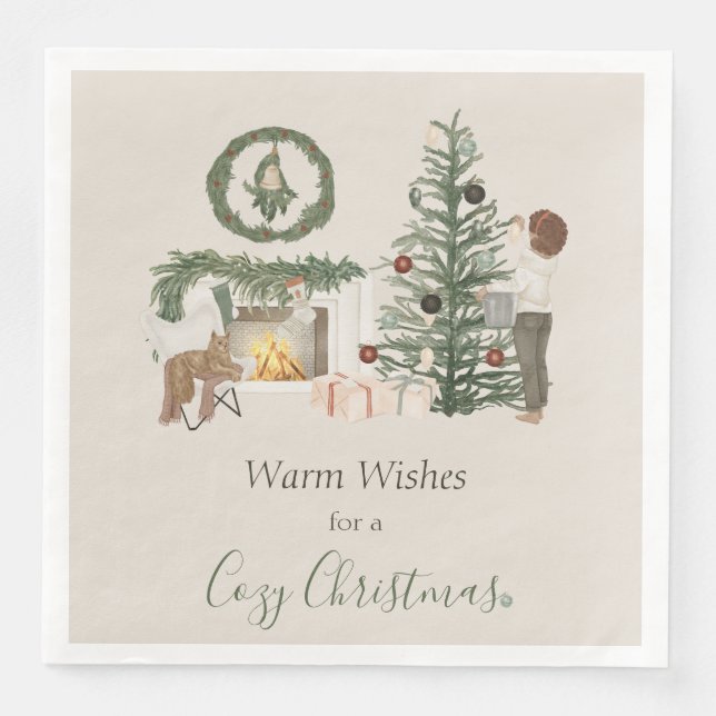 Cosy Christmas Rustic Fireplace Christmas Tree Napkin (Front)