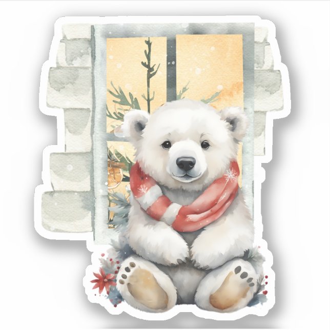 Cosy Christmas Scene Red Scarf Polar Bear (Front)