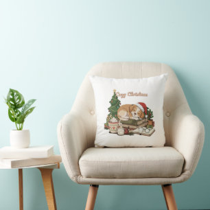 Cosy Christmas Sleeping Puppy & Books Vintage Cushion