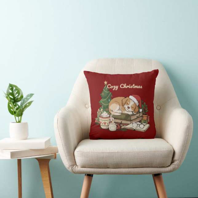 Cosy Christmas Sleeping Puppy & Books Vintage  Cushion (Chair)