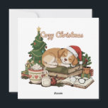 Cosy Christmas Sleeping Puppy & Books Vintage  Holiday Card<br><div class="desc">Embrace the quiet joy of the holidays with this charming and heartwarming design. It features a cute puppy wearing a Santa hat, sleeping peacefully on a stack of vintage books next to a festive Christmas tree. The cosy scene is completed with a warm mug of hot chocolate, a lit candle,...</div>