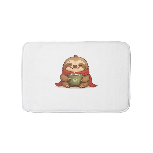 Cosy Christmas Sloth with Hot Chocolate – Cute Win Bath Mat (Front)