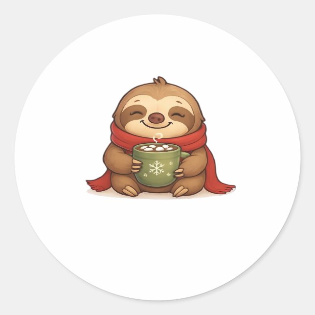 Cosy Christmas Sloth with Hot Chocolate � Cute Win Classic Round Sticker (Front)