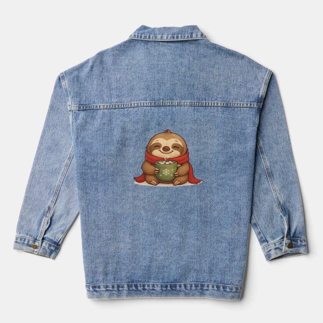 Cosy Christmas Sloth with Hot Chocolate – Cute Win Denim Jacket (Back)