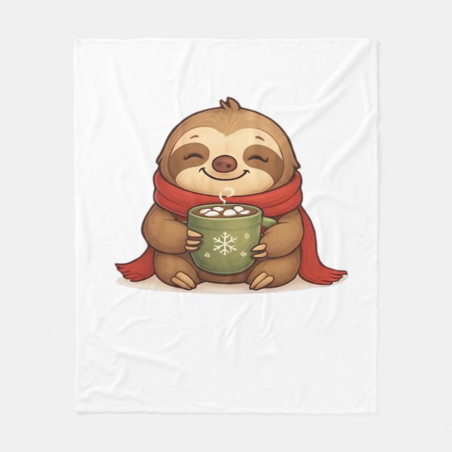 Cosy Christmas Sloth with Hot Chocolate – Cute Win Fleece Blanket (Front)