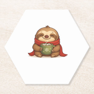 Cosy Christmas Sloth with Hot Chocolate � Cute Win Paper Coaster