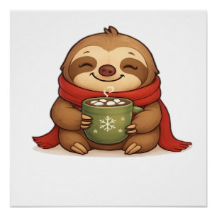 Cosy Christmas Sloth with Hot Chocolate � Cute Win Poster