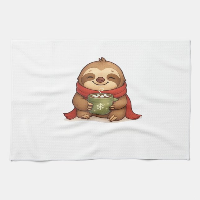 Cosy Christmas Sloth with Hot Chocolate � Cute Win Tea Towel (Horizontal)
