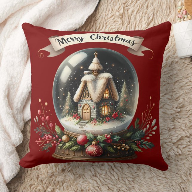 Cosy Christmas Snow Globe Cottage Scene Cushion (Blanket)