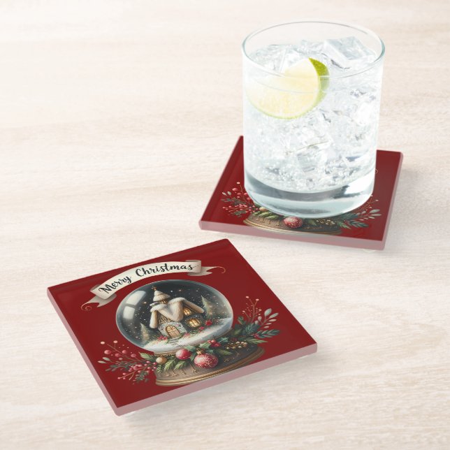 Cosy Christmas Snow Globe Cottage Scene Glass Coaster (Angled)