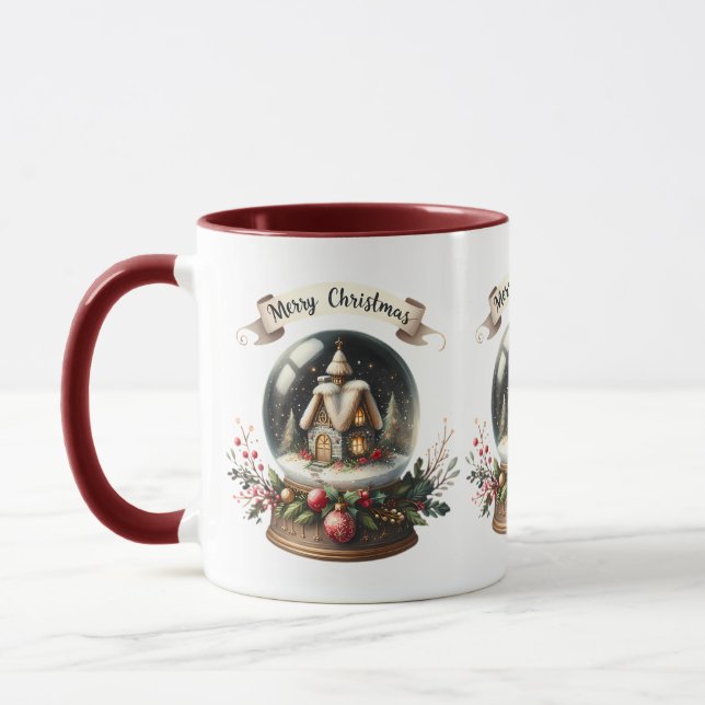Cosy Christmas Snow Globe Cottage Scene Mug (Left)