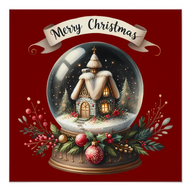 Cosy Christmas Snow Globe Cottage Scene Poster (Front)