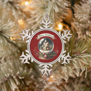 Cosy Christmas Snow Globe Cottage Scene Snowflake Pewter Christmas Ornament