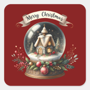 Cosy Christmas Snow Globe Cottage Scene Square Sticker