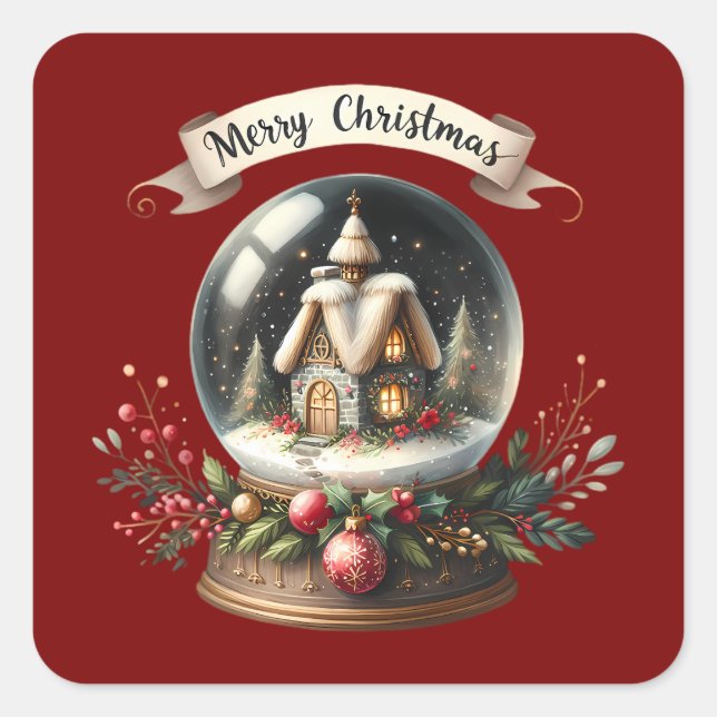 Cosy Christmas Snow Globe Cottage Scene Square Sticker (Front)