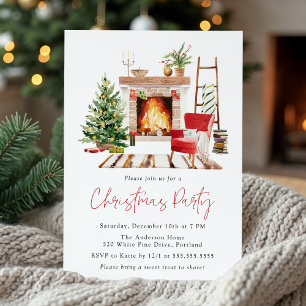 Cosy Christmas Tree and Fireplace Christmas Party Invitation