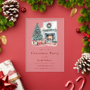 Cosy Christmas Tree & Fireplace Christmas Party Acrylic Invitations