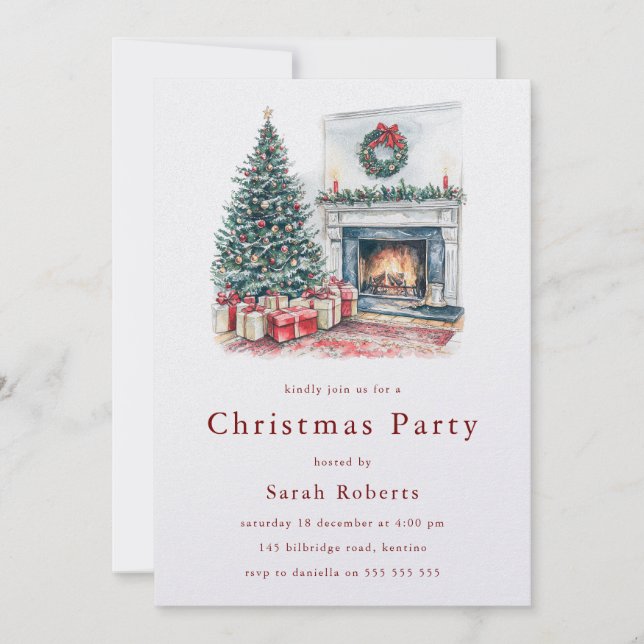 Cosy Christmas Tree & Fireplace Christmas Party  Invitation (Front)