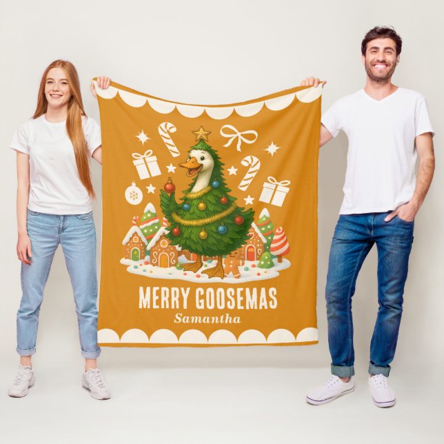Cosy Christmas Tree Goose | Funny Holiday Fleece Blanket (In Situ)