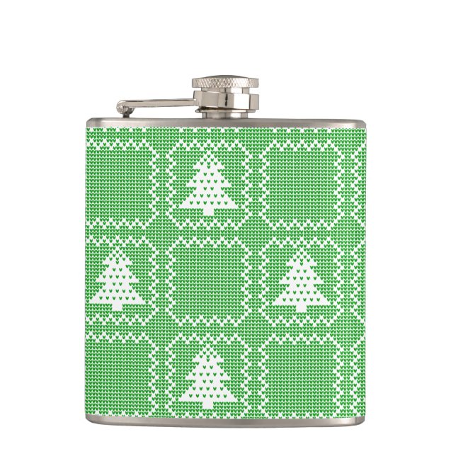 Cosy Christmas tree ugly sweater chequered pattern Hip Flask (Front)