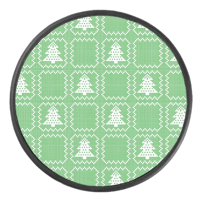 Cosy Christmas tree ugly sweater chequered pattern Hockey Puck (Front)