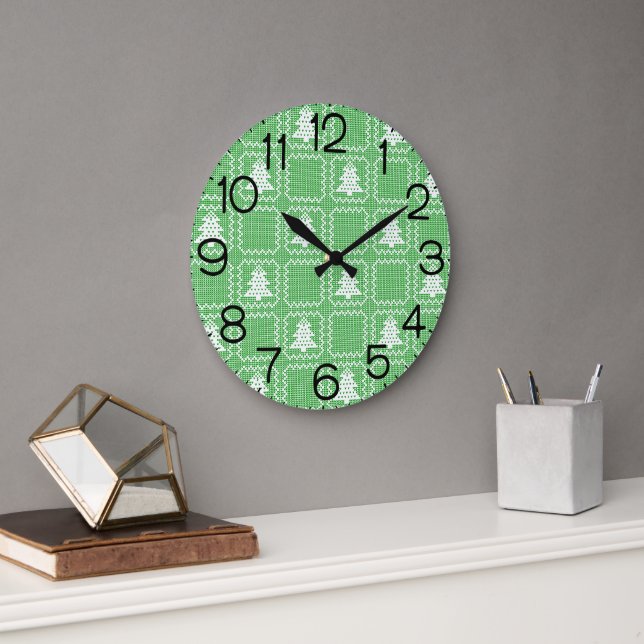 Cosy Christmas tree ugly sweater chequered pattern Large Clock (Office)