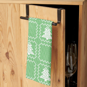 Cosy Christmas tree ugly sweater chequered pattern Tea Towel