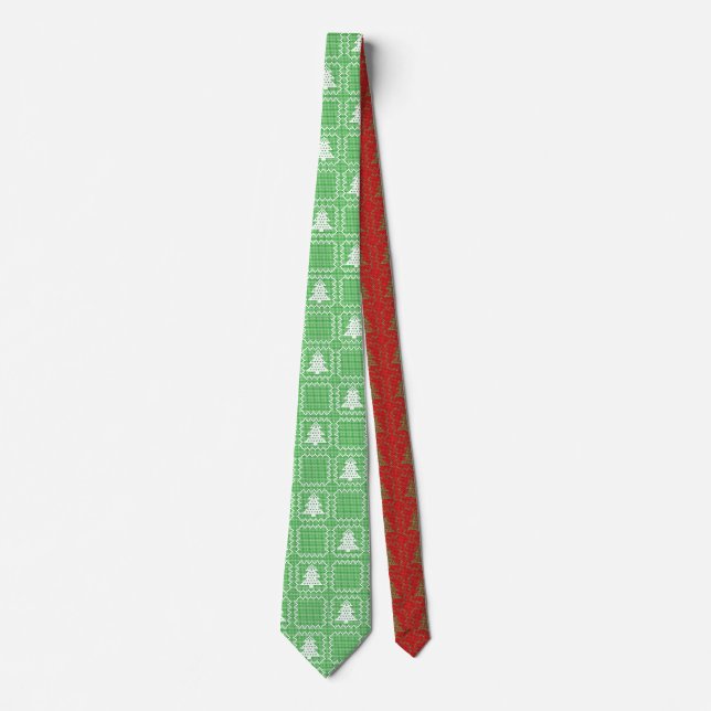 Cosy Christmas tree ugly sweater chequered pattern Tie (Front)