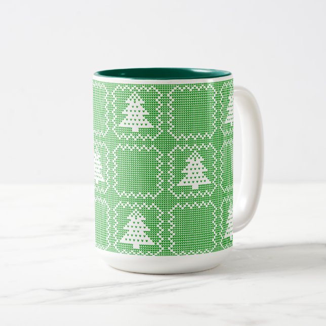 Cosy Christmas tree ugly sweater chequered pattern Two-Tone Coffee Mug (Front Right)