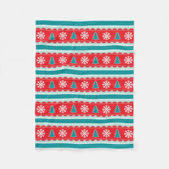 Cosy Christmas Trees Snowflakes Red & Teal Pattern Fleece Blanket (Front)