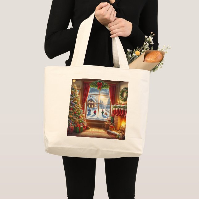Cosy Christmas Window Scene Large Tote Bag (Front (Product))