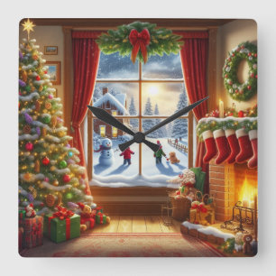 Cosy Christmas Window Scene Square Wall Clock