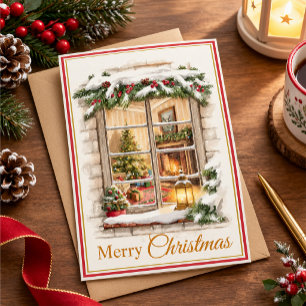 Cosy Christmas Window Watercolor Holiday Card