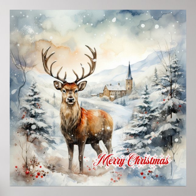Cosy Christmas winter scene with reindeer Poster (Front)