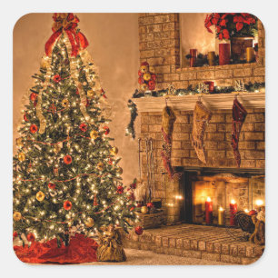 Cosy Chrsitmas Tree Room Square Sticker