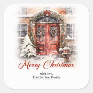 Cosy city festive atmosphere red Christmas door  Square Sticker