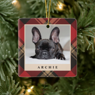 Cosy Classic Red Black Plaid Pet Photo Christmas Ceramic Ornament