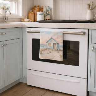 Cosy Coastal Cottage Beach House Watercolor  Tea Towel