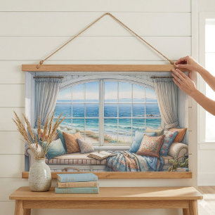 Cosy Coastal Window Seat Cottagecore Hanging Tapestry