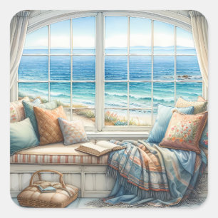 Cosy Coastal Window Seat Cottagecore Square Sticker