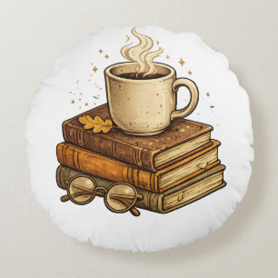 Cosy Coffee and Books Vintage Aesthetic Throw Pill Round Cushion