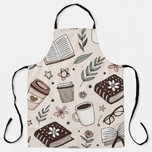 Cosy Coffee & Book Pattern Neutral Aesthetic Apron