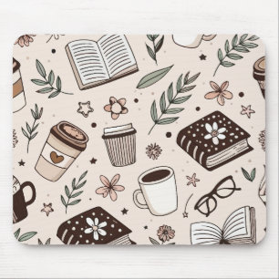 Cosy Coffee & Book Pattern Neutral Aesthetic Mouse Mat
