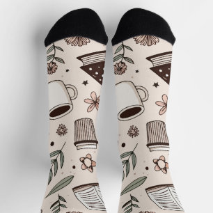 Cosy Coffee & Book Pattern Neutral Aesthetic Socks