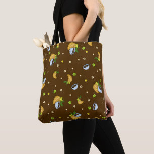 Cosy Coffee & Croissant Floral Pattern Dark Brow Tote Bag
