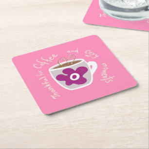 Cosy coffee mug with large flower and quote square paper coaster