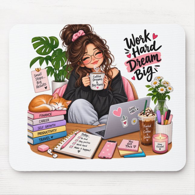 Cosy Coffee Study Girl – Work Hard Dream Big Mouse Mat (Front)