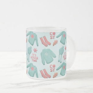 Cosy Collage Winter Fashion Pattern Teal and Pink Frosted Glass Coffee Mug