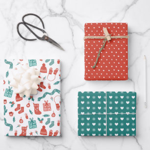 Cosy Coral Teal Mixed Christmas Patterns Wrapping Paper Sheet