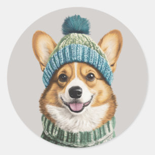 Cosy Corgi in Winter Gear Classic Round Sticker